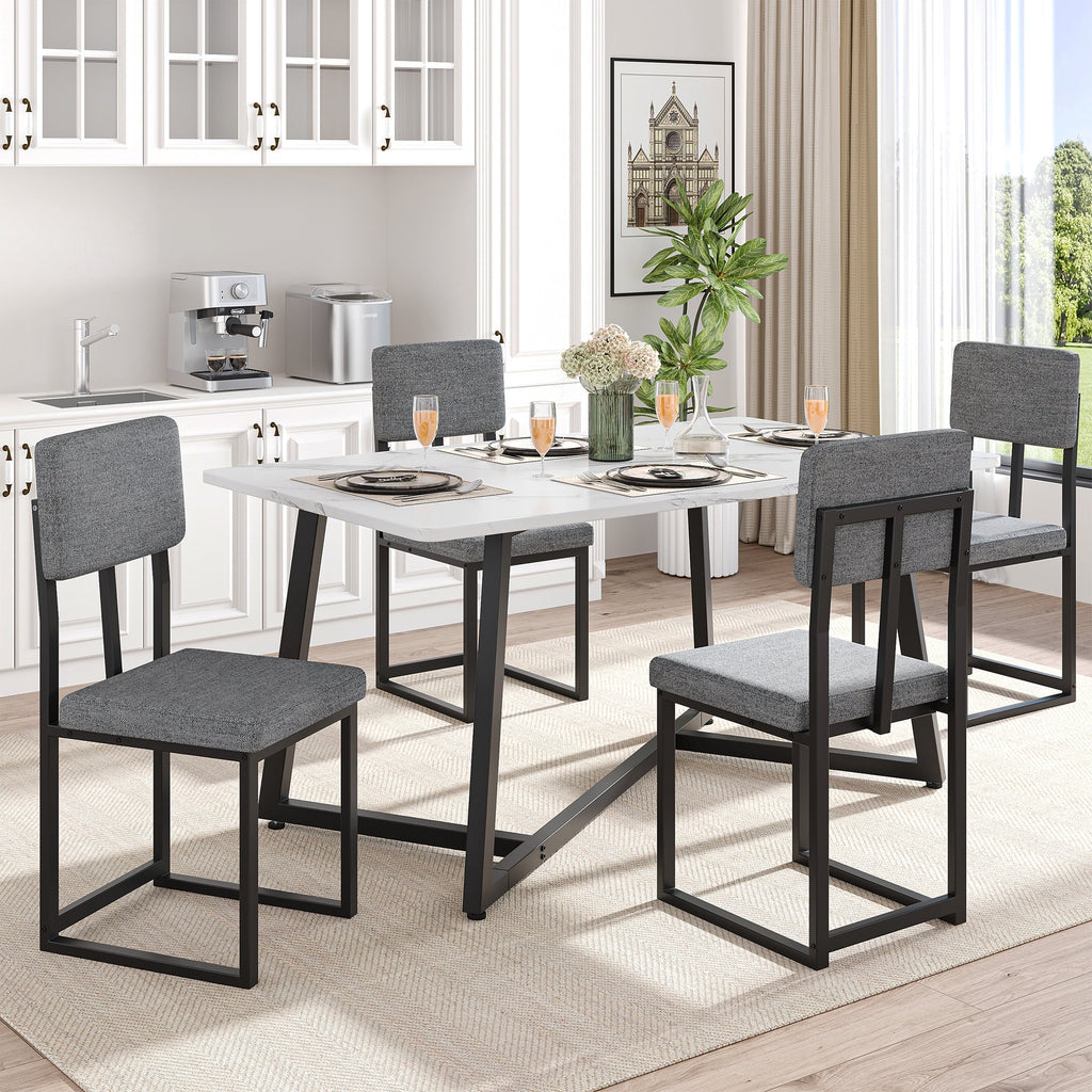PORKISS 5 Piece Dining Table Set, Modern Faux Marble Tabletop and 4 Linen Upholstered Chairs, Rectangle Kitchen Table and Chairs for 4, White + Gray(Linen)
