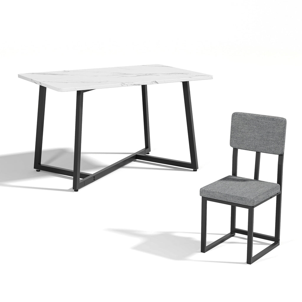 PORKISS 5 Piece Dining Table Set, Modern Faux Marble Tabletop and 4 Linen Upholstered Chairs, Rectangle Kitchen Table and Chairs for 4, White + Gray(Linen)