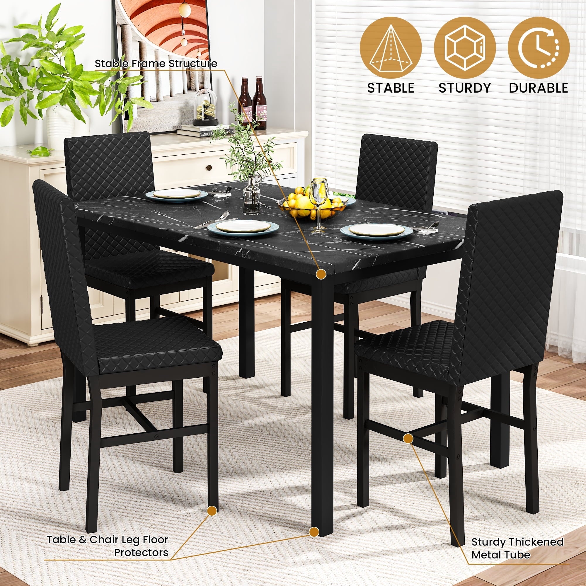 Baxluxe Dining Table Set for 4, Modern 5 Piece Dining Table Set, Faux Marble Kitchen Table and 4 Velvet Upholstered Chairs for Apartments, Dining Rooms, Small Spaces, Gray
