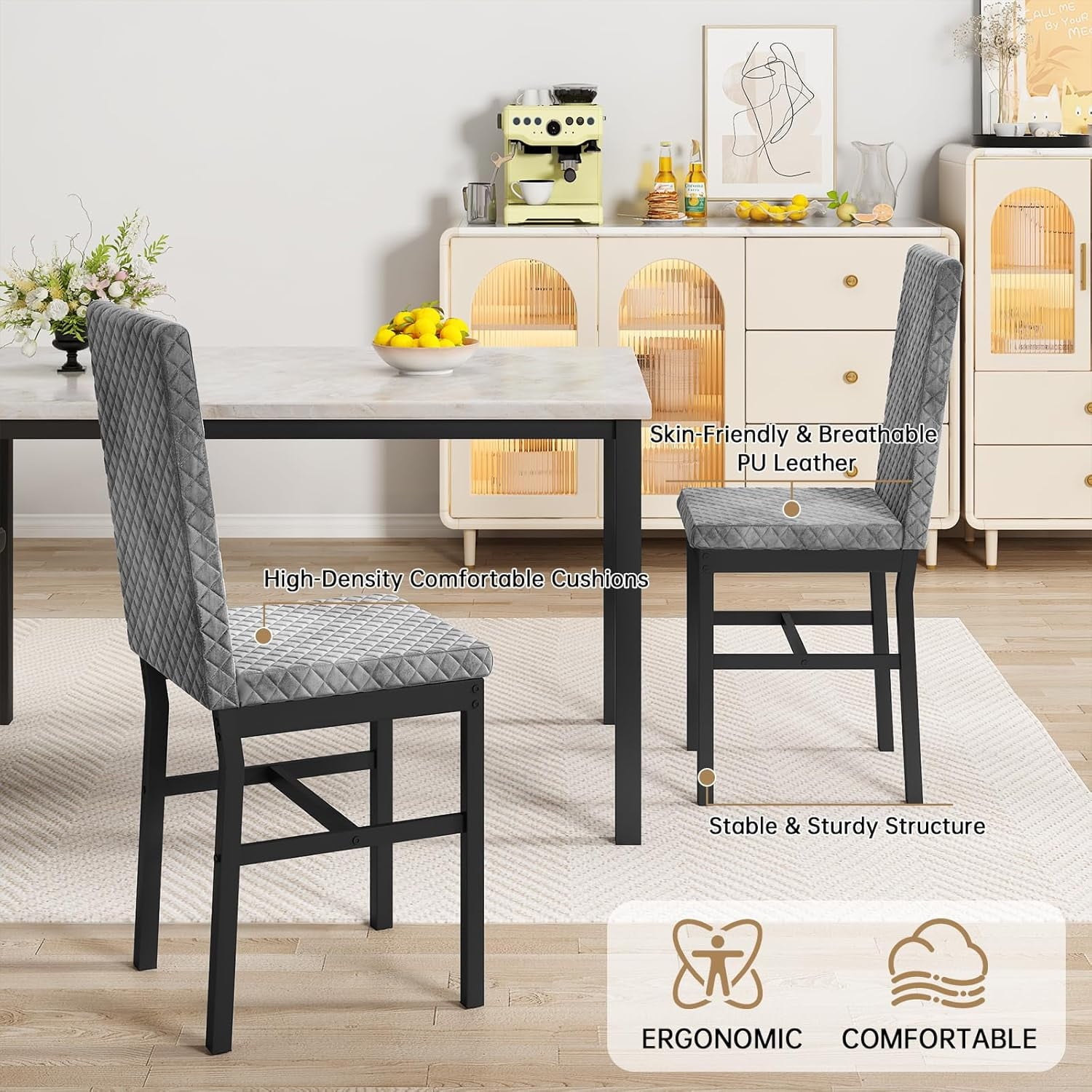 Baxluxe Dining Table Set for 4, Modern 5 Piece Dining Table Set, Faux Marble Kitchen Table and 4 Velvet Upholstered Chairs for Apartments, Dining Rooms, Small Spaces, Gray