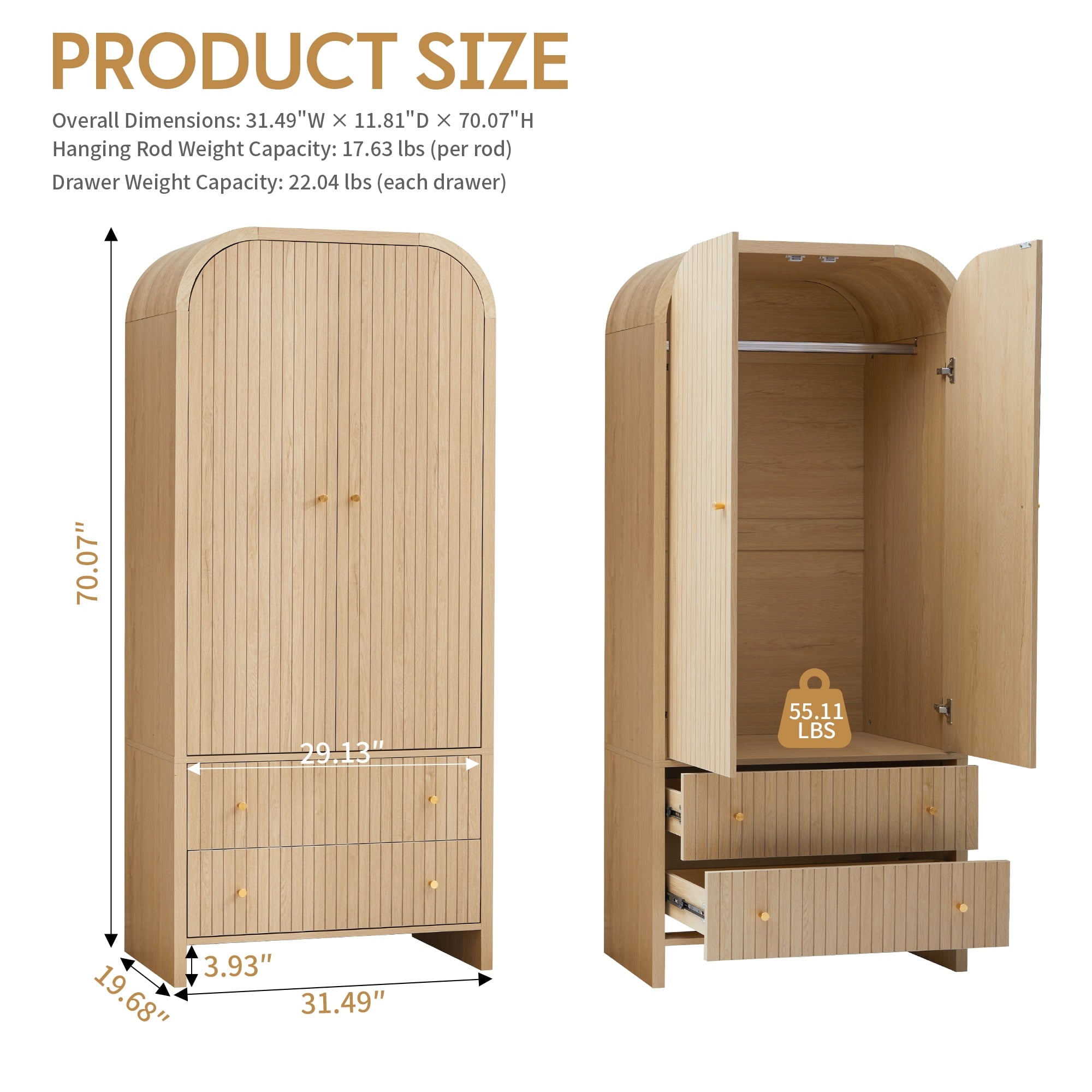Wirrytor Freestanding Wooden Armoire Wardrobe with 2 Woven Doors and Storage Drawers, Space-Saving Closet Cabinet for Bedroom, Sturdy Mdf Board Closet with Hanging Rail