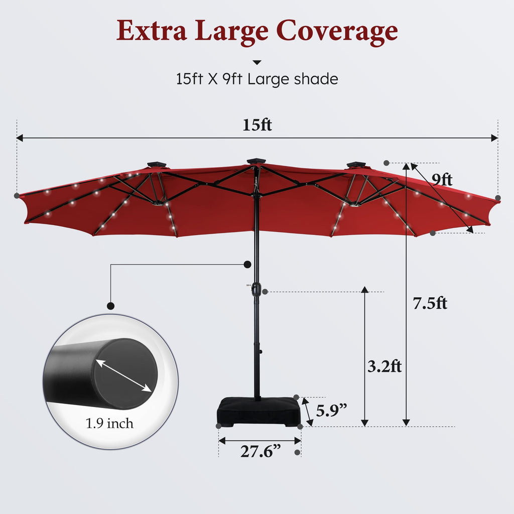 SUMMIT LIVING 15ft Double-Sided Solar Patio Umbrella with Base (Included) Large Outdoor Umbrella with Solar Lights - Beige
