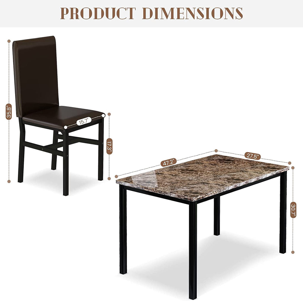MIERES 5-Piece Dining Table Set for 4, Faux Marble Kitchen Table and 4 Chairs, Modern Dining Room Table with 4 Chairs, Dinner Table Set for Small Spaces, Brown