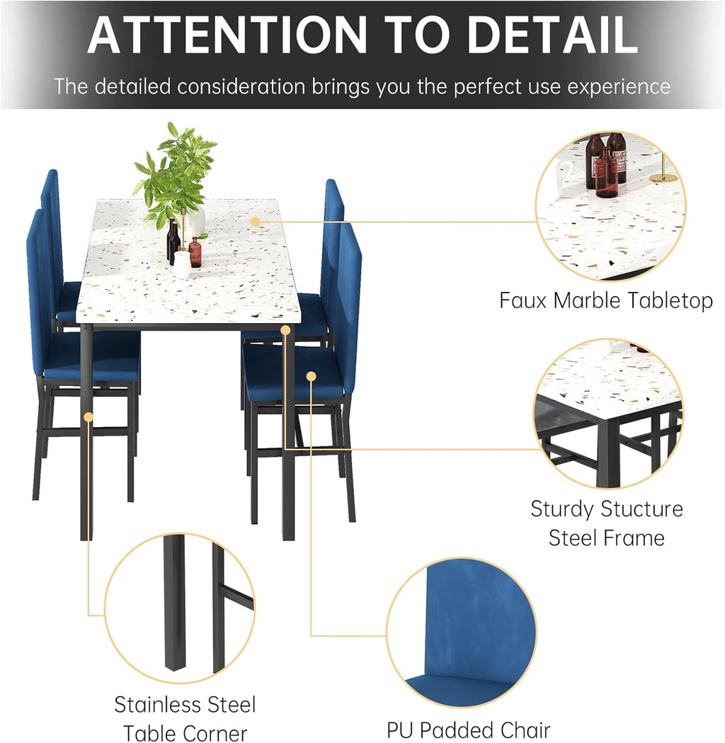 MIERES 5-Piece Dining Table Set for 4, Faux Marble Kitchen Table and 4 Chairs, Modern Dining Room Table with 4 Chairs, Dinner Table Set for Small Spaces, Brown