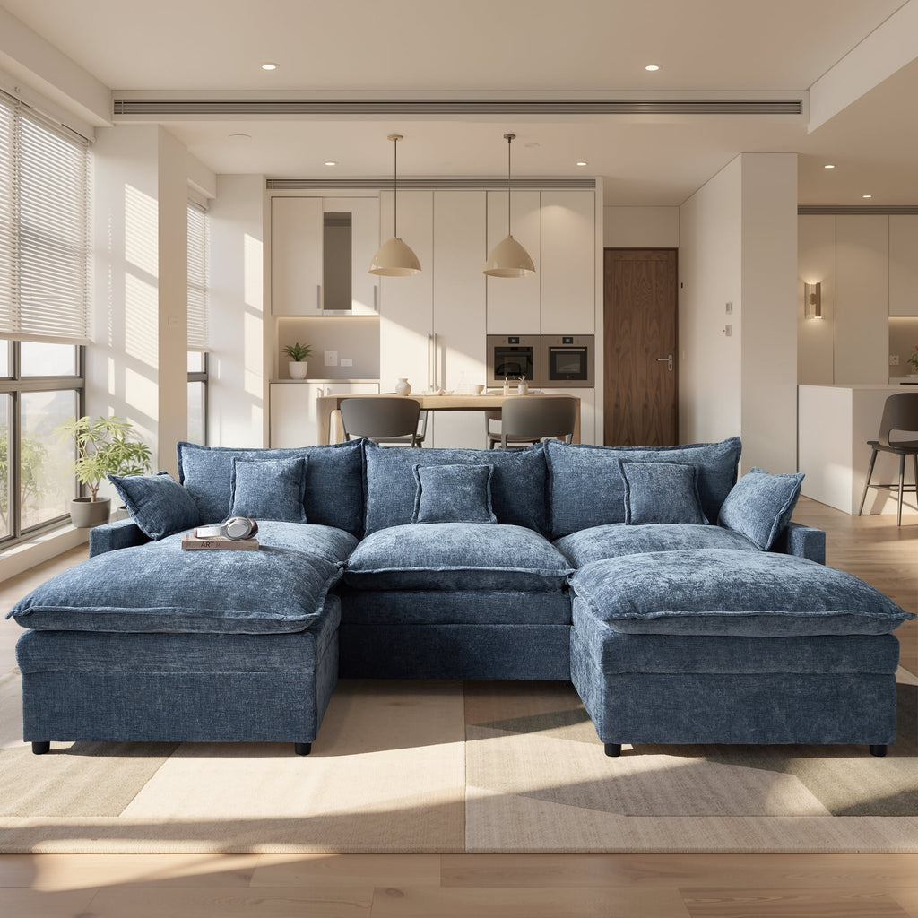 Ovios 108 Modular Sectional Sofa U-Shaped Cloud Couch with 2 Ottomans, Comfy Living Room Furniture, Chenille, Dark Blue