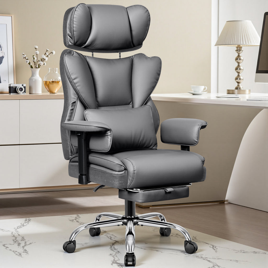COOLHUT Big and Tall PU Leather Office Chair with Adjustable Headrest & Footrest, Executive Computer Desk Chair with 3D Adjustable Padded Armrest, Ergonomic Office Chair with Lumbar Support, Black