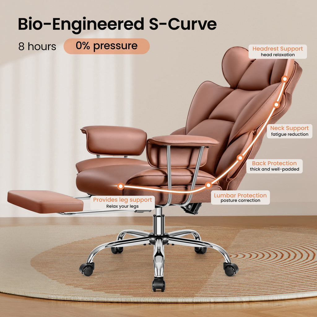 Primy High Back Office Chair, Big and Tall PU Leather Executive Chair with Footrest – Ergonomic Reclining Computer Desk Chair, High-Density Foam, Heavy Duty Swivel Rolling Chair, Black