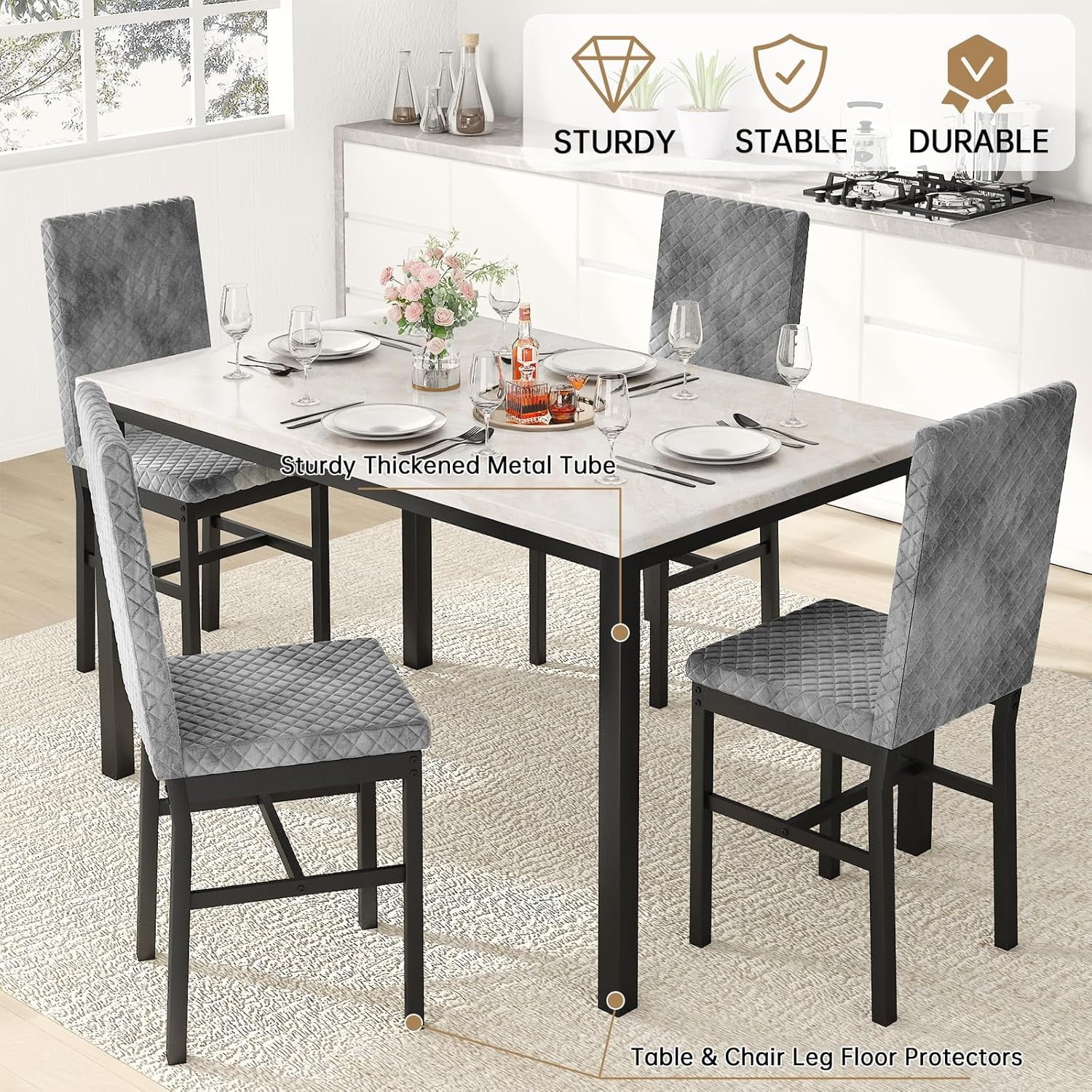 Baxluxe Dining Table Set for 4, Modern 5 Piece Dining Table Set, Faux Marble Kitchen Table and 4 Velvet Upholstered Chairs for Apartments, Dining Rooms, Small Spaces, Gray