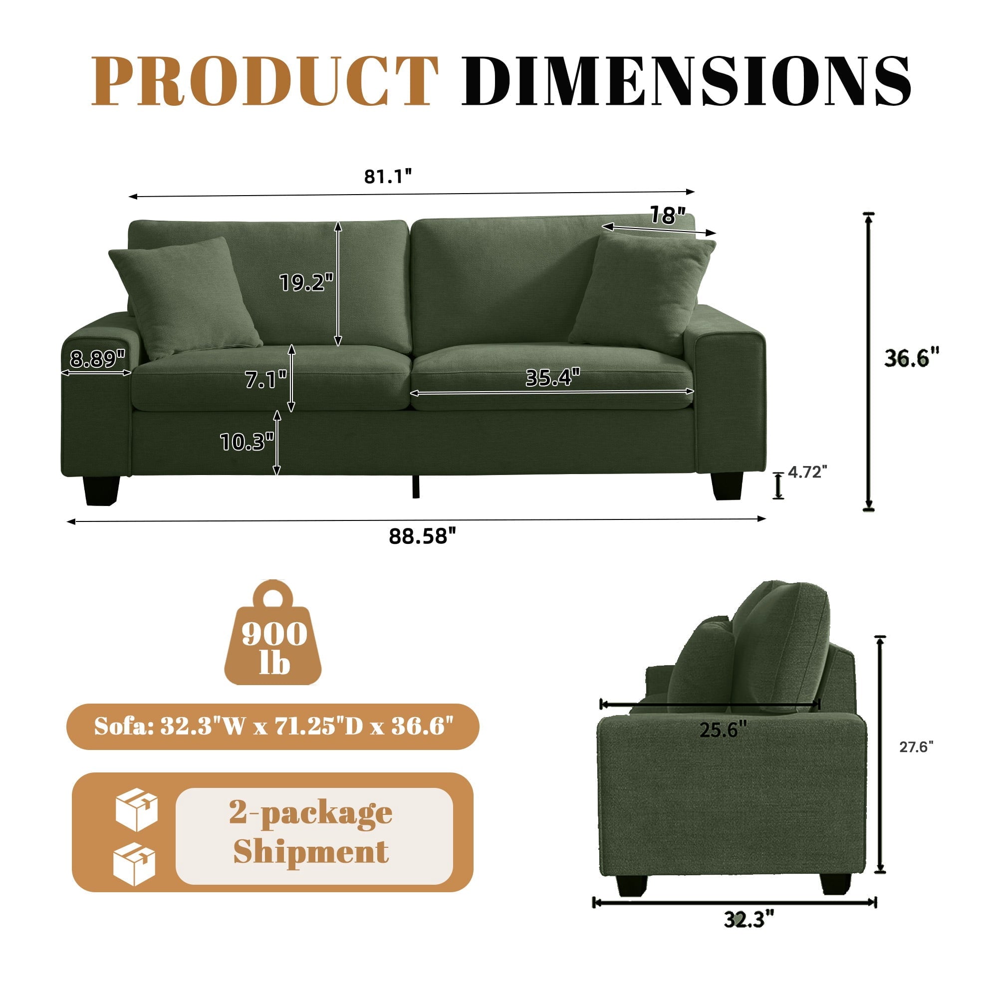 Poshby 88.58''W 3 Seater Sofa Couch with Chenille, Modern Square Arm for Living Room, Light Gray