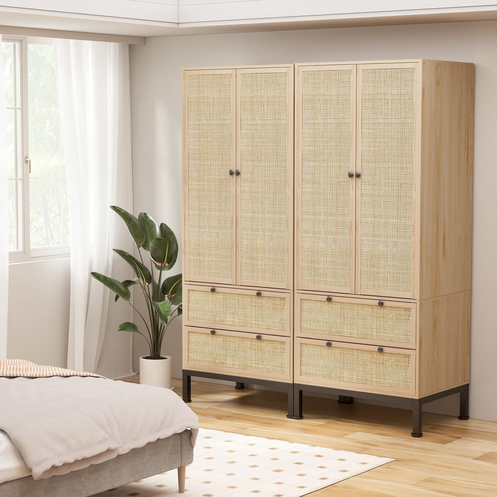 Brafabhome 67H Fluted Armoire Wardrobe Closet with Drawer, Wooden 2 Doors Wardrobe Cabinet with Hanging Rod & Adjustable Shelf for Bedroom | Whitewash