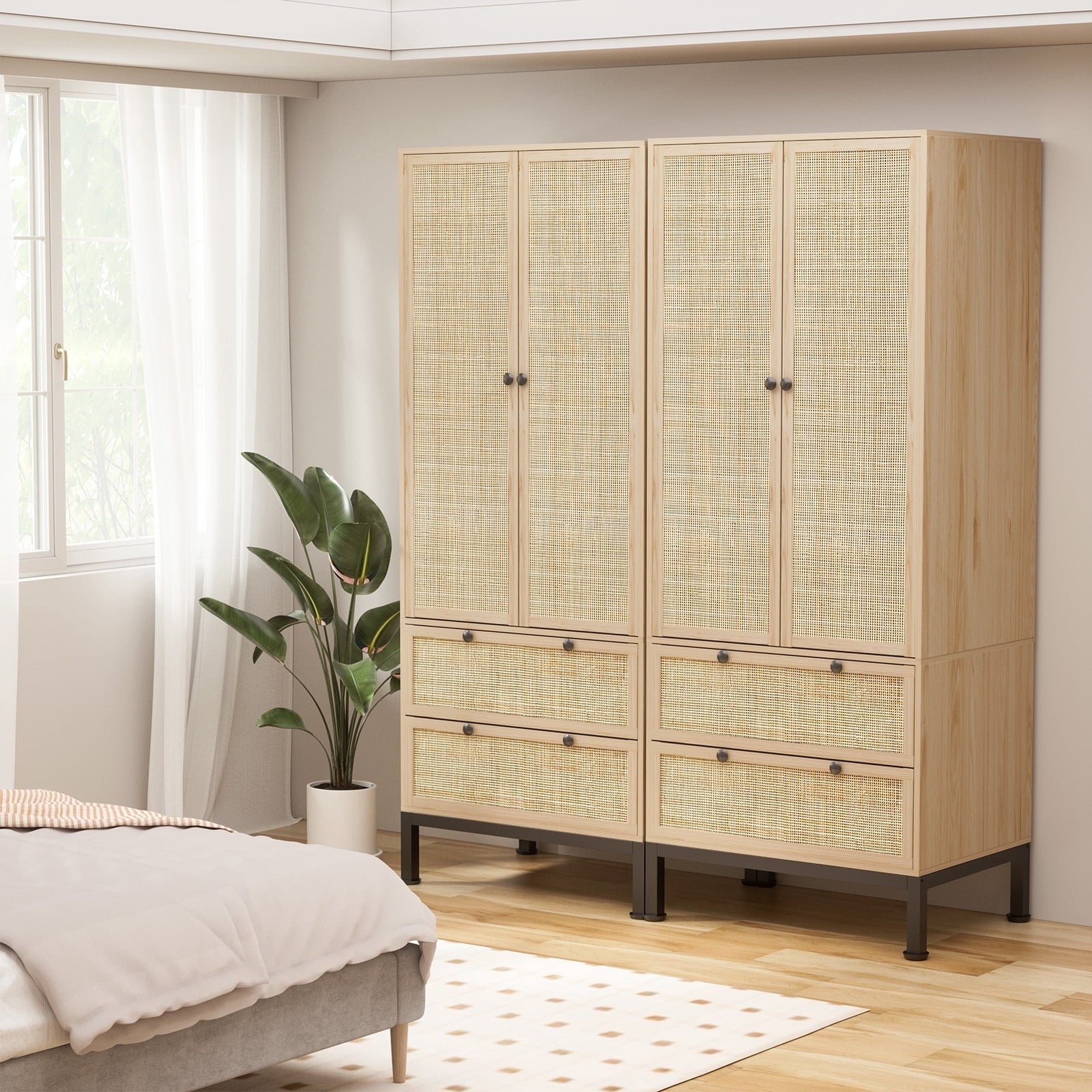 Brafabhome 67H Fluted Armoire Wardrobe Closet with Drawer, Wooden 2 Doors Wardrobe Cabinet with Hanging Rod & Adjustable Shelf for Bedroom | Whitewash